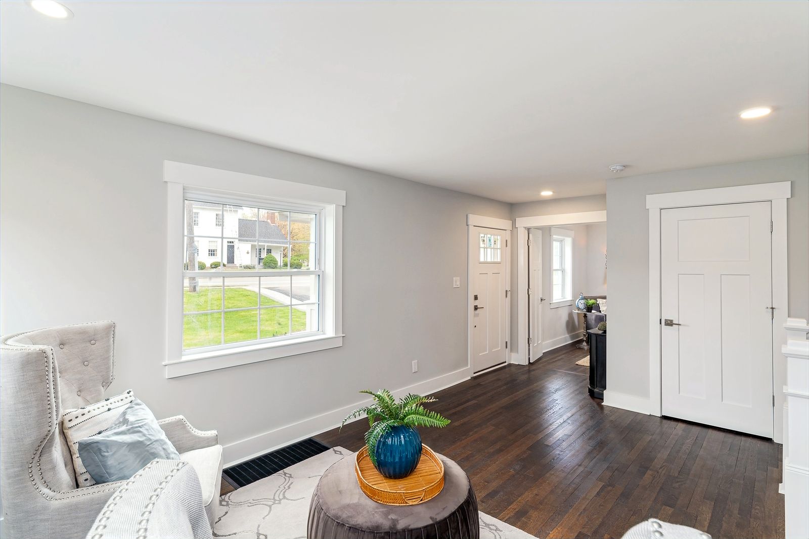 Finished interior room with hardwood floors and new trim
