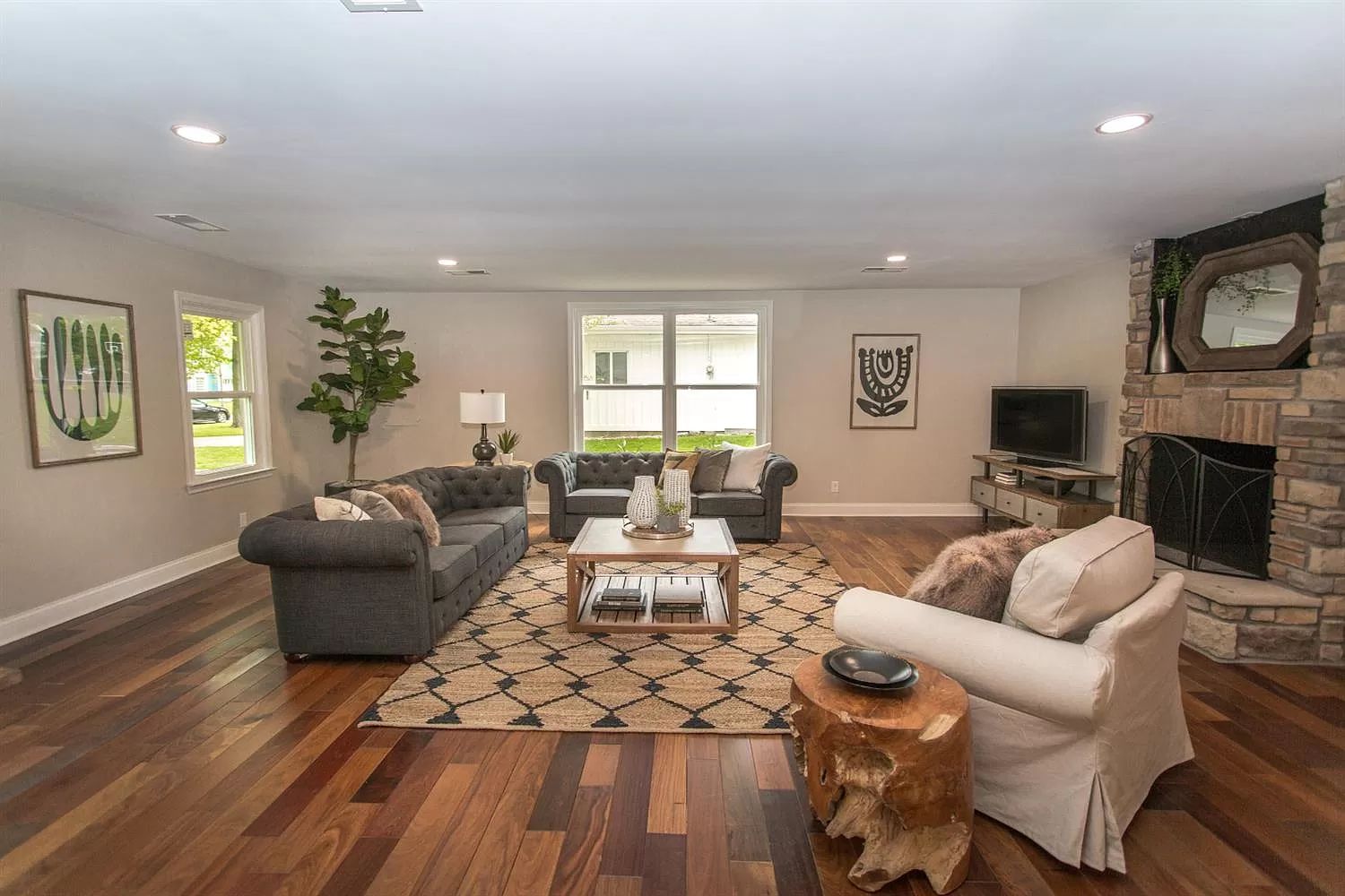 Connected living and dining space with garden views